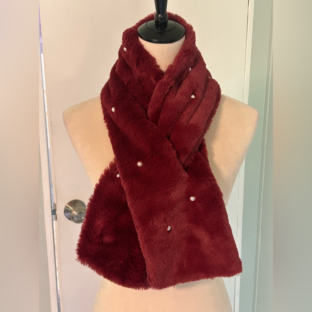 New York & Company Burgundy Faux Fur Scarf with Pearl Accents